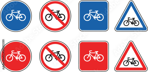 Set of eight minimalist bicycle road traffic signs featuring blue and red regulatory symbols for cycling safety urban transportation and path navigation.