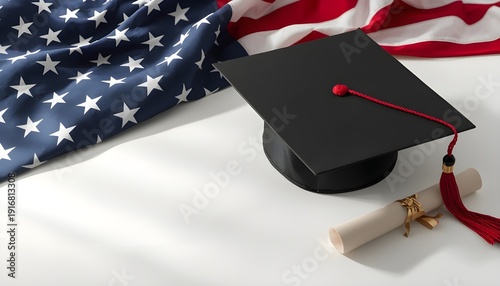 A graduation cap and diploma on a white surface with an American flag in the background, symbolizing academic achievement and patriotism.