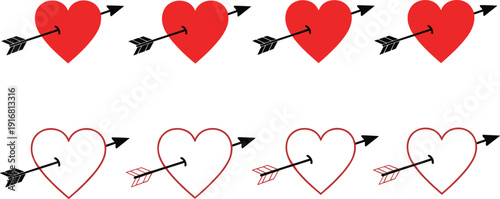Set of romantic red heart icons with black arrows in a seamless row pattern for Valentines Day wedding invitations and romantic love concept graphics.