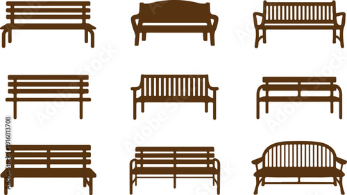 A comprehensive collection of various brown park benches presented as simple silhouette icons