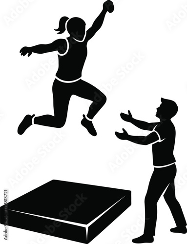 Silhouette Athlete Performing High Jump Over Platform With Coach Assisting