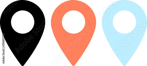 Colorful map pin icons in black, orange, and blue for navigation