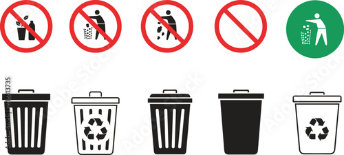 Waste management and recycling icon set featuring red prohibition signs for no littering and black and white trash bins for ecological disposal and environmental awareness