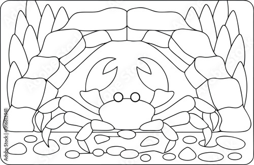 Outline of a cute crab on the ocean floor ready for children to color and learn