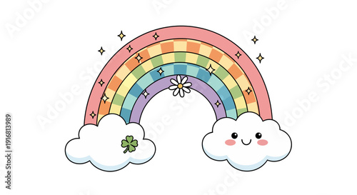 Cute Cartoon Rainbow with Clouds and Clover for Good Luck and Happiness