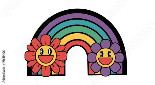 Stylized graphic of a bright rainbow and two joyful smiling flowers creating a happy scene