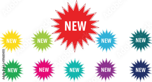 Colorful starburst new product labels set with vibrant red yellow green pink and blue stickers for marketing promotion retail sales and advertising badges
