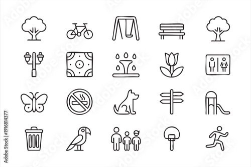 Tree, Bench and Bicycle Minimal Line Icons