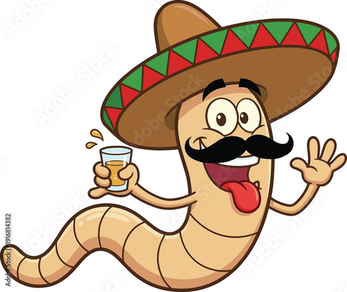 Funny cartoon worm wearing Mexican sombrero and mustache holding tequila shot cheerful party character vector illustration isolated white background humor concept