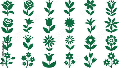 A diverse grid of green silhouette icons featuring various types of stylized flowers and leaves