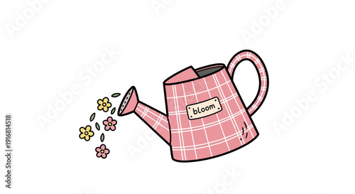 Charming Pink Watering Can Nurturing Growth with a Cascade of Blooming Flowers and Delicate Petals