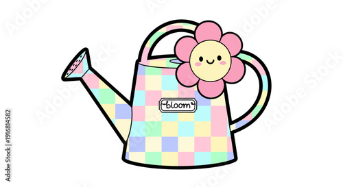 Playful pastel checkered watering can illustration with a cute smiling flower for spring garden themes and nursery decor