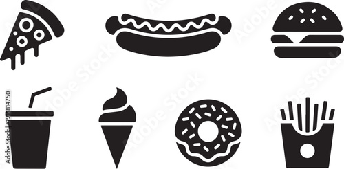 A vibrant collection of black silhouette icons showcasing popular fast food items and beverages