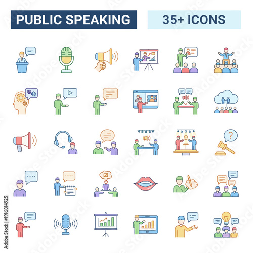 Collection of public speaking icons depicting various speaking events and communication concepts in a modern flat design