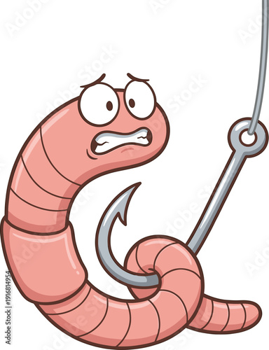 Cartoon worm caught on fishing hook illustration showing fear danger bait trap concept isolated white background vector style humorous marine animal character