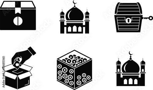 Donation box silhouette, mosque illustration, charity icons, religious giving, treasure chest, community support, Islamic architecture, fundraising concept, savings, philanthropy