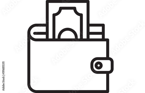 Wallet icon with cash banknote in minimalist outline style, financial payment and savings concept, money management symbol for apps, UI, websites and banking