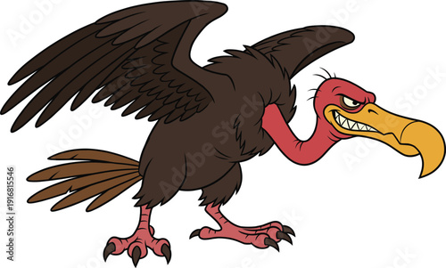 Angry cartoon vulture bird character with sharp beak spread wings vector illustration isolated white background wildlife mascot comic style design