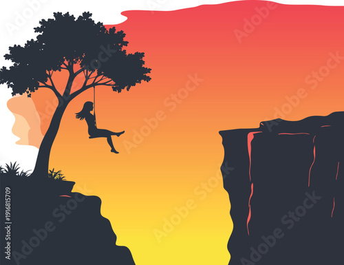 Silhouette of a man standing alone on a mountain at sunset with clouds and nature around