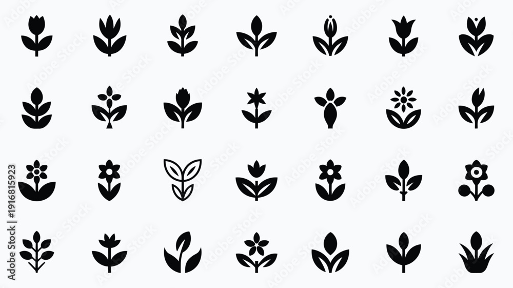 Fototapeta premium Collection of black floral icons and leaf symbols on white background for design and decoration purposes