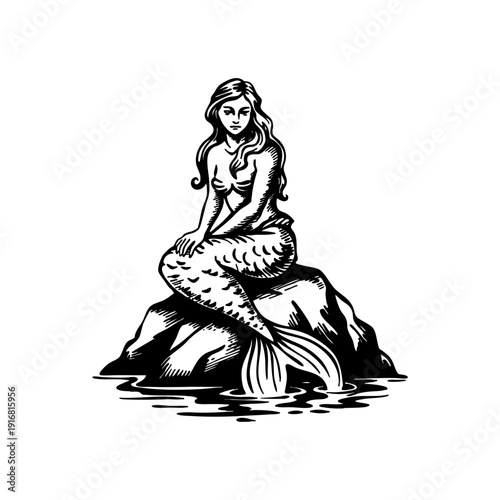 Black and white vintage illustration of a mermaid sitting on a rock.