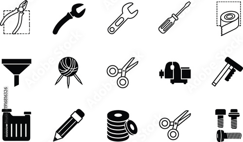 Hand tools and sewing icons set, pliers wrench screwdriver scissors thread bolt hardware vector illustration collection black silhouette