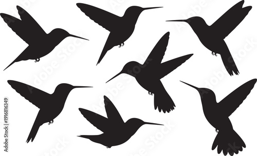 Graceful black silhouettes of seven hummingbirds in various flight poses hover on a clean white background