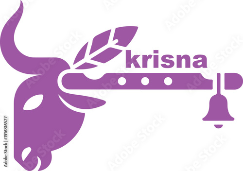 Pink graphic featuring a bulls head with a flute, feather, bell, and the spiritual name Krisna