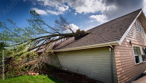 fallen tree on roof after natural disaster highlights emergency response and recovery