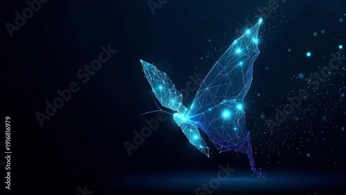Glowing blue digital butterfly made of polygonal lines and particles on dark background