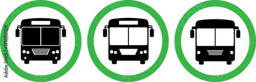 Three different bus icons in green circles for transportation or travel themes
