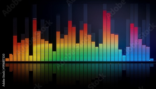 a graphic equalizer display with various colored bars reflected on a black background surface