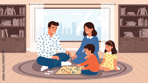Happy family with two children sitting on a rug and playing an engaging board game in their cozy living room.