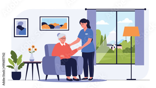 Kind female nurse assisting an elderly woman in an armchair inside a comfortable living room with a bright view.