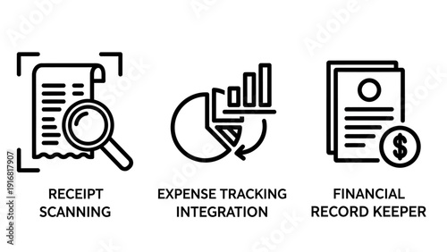 Set of three clean line icons for business and finance: receipt scanning with magnifier, expense tracking with pie chart, and financial record keeper with document.