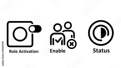Set of three flat icons for user management and status: role activation toggle, enable icon with people and checkmark, and status indicator circle.