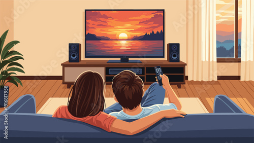Couple sitting on a sofa and watching a stunning sunset over a lake on their large modern television screen.