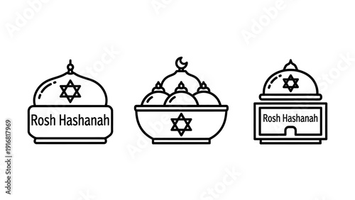 Set of three outline icons celebrating Rosh Hashanah: stylized domes with Star of David, bowl of pomegranates, and traditional motifs.