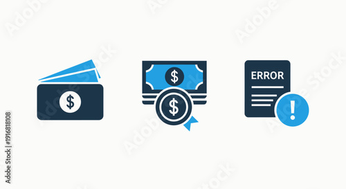Financial transaction icons: wallet with cash, banknote and coin, and error document with alert
