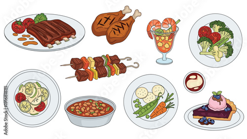Detailed collection of diverse food plates including ribs, chicken, skewers, salads, and a slice of berry pie.