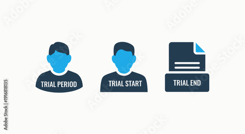 Trial period concept: start, end, and duration visualized with user icons and document