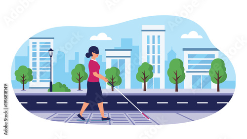 Blind woman walks confidently along a city sidewalk using a white cane while wearing dark glasses in an urban setting.