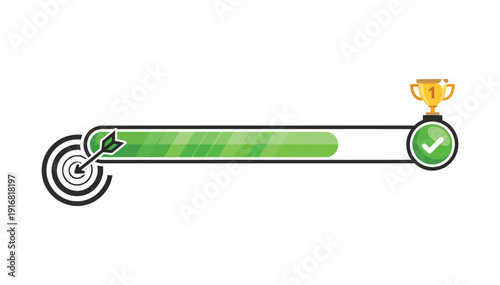 Progress bar loading towards target achievement with green check mark and golden trophy icon on white background illustration