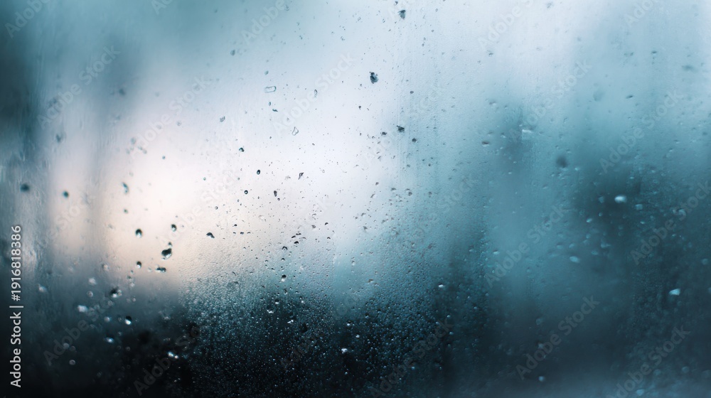 Obraz premium Raindrops on window glass with a blurred blue background on a rainy day