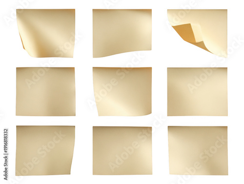 Collection of beige paper sheets with various folds and creases isolated on transparent background
