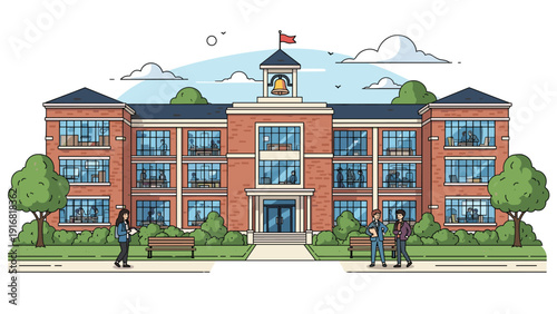 Classical brick school building features many large windows and students walking on the campus lawn with trees and benches.