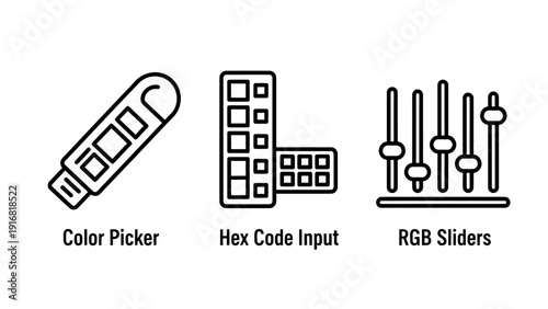 Graphic design tools icons: USB drive for file transfer, hex code input for color, and RGB sliders for color adjustment.