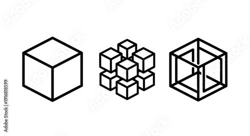 Three abstract cube icons representing dimensions, complexity, and interconnectedness in data or structure.