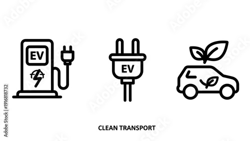 Electric vehicle charging icons: charging station, plug, eco-friendly car. Clean transport and sustainability concept.