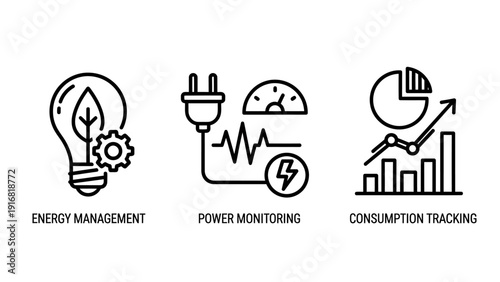 Energy management and consumption tracking icons: eco-lightbulb, power monitoring, consumption chart. Sustainable energy concept.